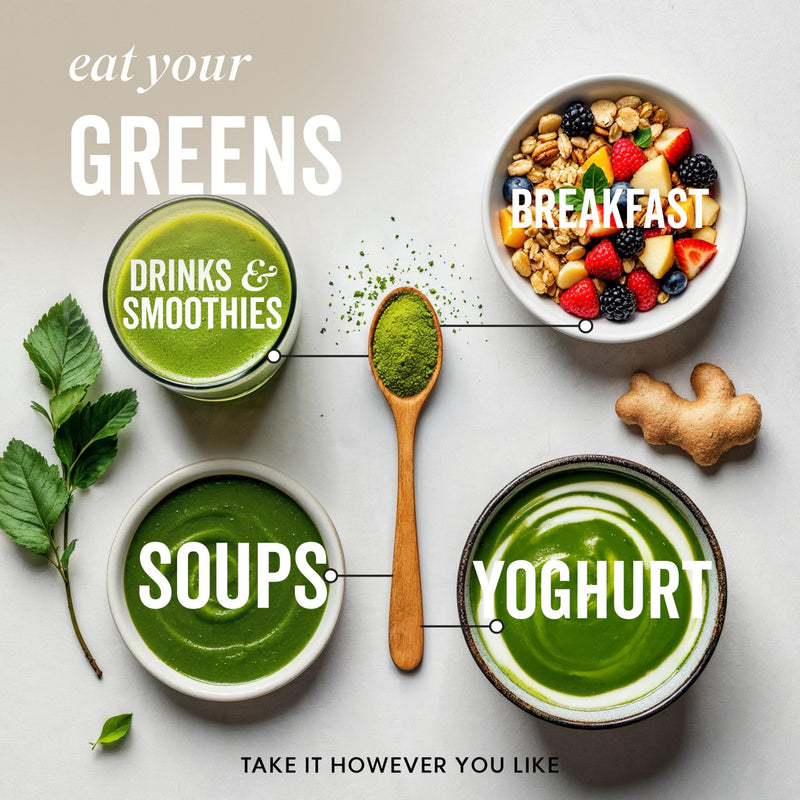 Grass & Co. Active Super Greens | Vegan Daily Greens Powder | 120g | Supports Energy, Digestion & Immunity | with Lion’s Mane, Moringa & Vitamins C, K2 & D3 | Apple & Ginger Flavour | 30 Day Supply Powder | 30 Servings