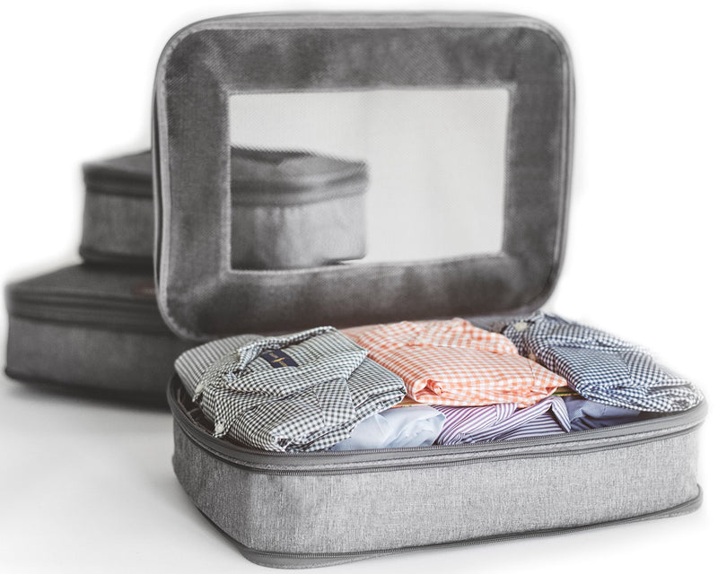 LeanTravel Bundle Compression Packing Cubes Set of 3 + Shoe bags for Travel Set of 6 - Color Grey