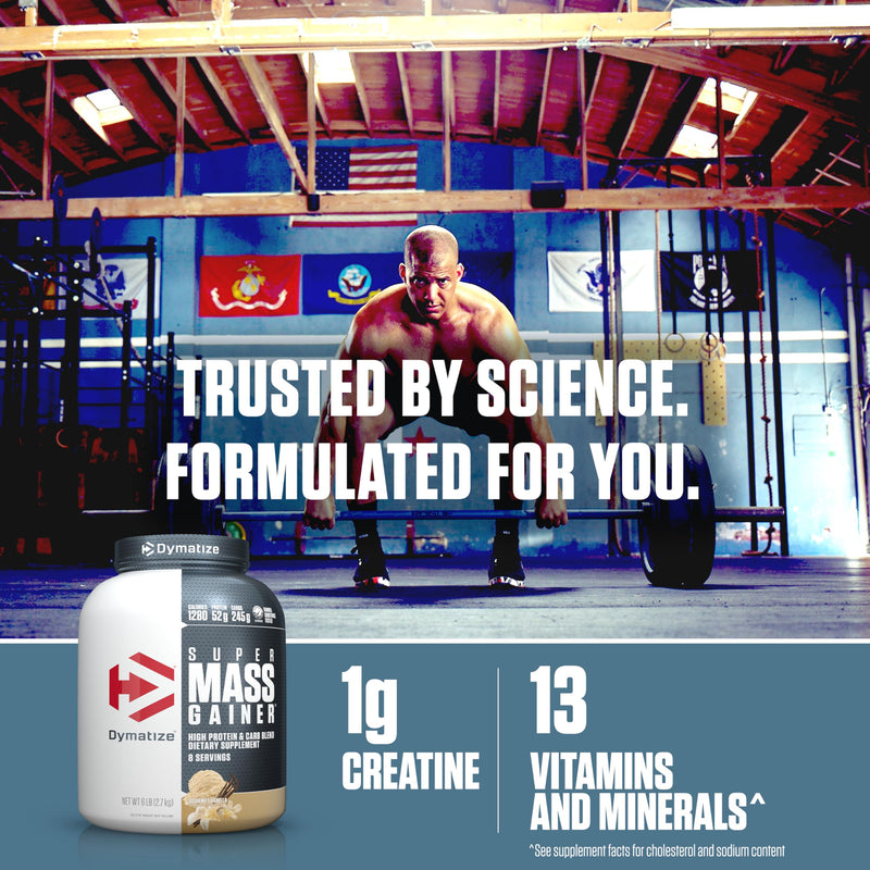 Dymatize Super Mass Gainer Protein Powder, Gourmet Vanilla, 52g Protein, 1g Creatine, 1280 Calories, 10.7g BCAAs, 245g Carbs, Contains Whey Protein Powder, Isolate, and Casein (8 Servings) 6 Pound (Pack of 1)