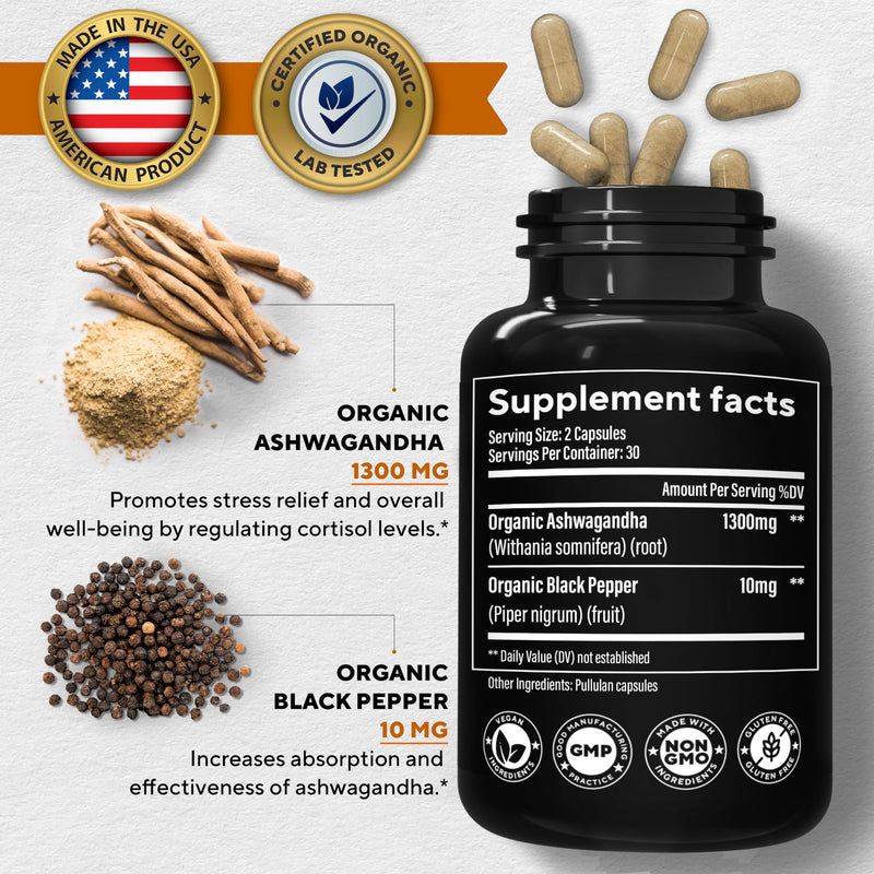 [Australia] - Organic Ashwagandha Capsules 1310mg - USA Made Organic Ashwagandha Supplements with Black Pepper - Energy & Immune Support - Natural Stress Relief Supplement - Ashwagandha Organic - 60 Count 1 
