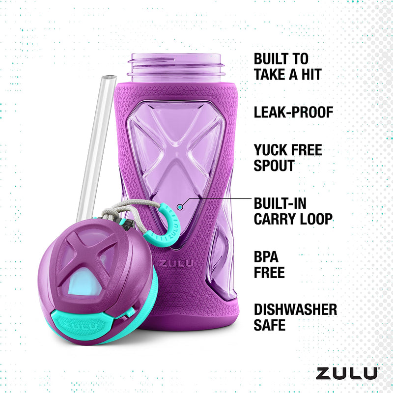 [Australia] - ZULU Torque 16oz Plastic Kids Water Bottle with Silicone Sleeve and Leak Purple Single 