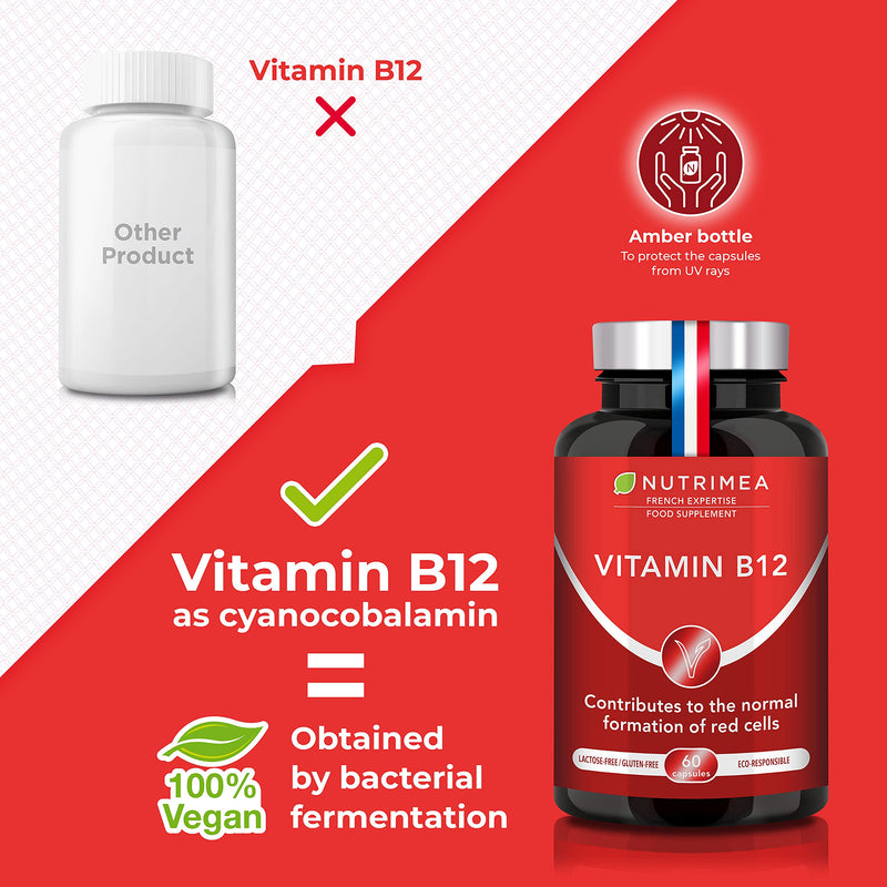 Vitamin B12 1000mcg High Strength - Cyanocobalamin Formula from Bacterial Fermentation - 60 Vegan Capsules - Gluten Free - Lactose Free - French Expertise - Nutrimea