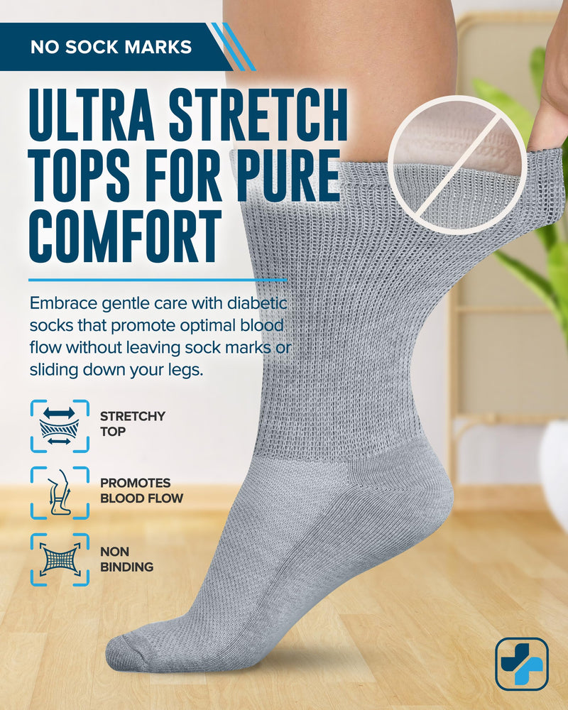 [Australia] - Doctor's Select Diabetic Socks for Men - 4 Pairs Crew Diabetic Neuropathy Socks for Men | Diabetic Socks for Men 9-12 Crew Height - Black, White, Light Grey, Grey Large 