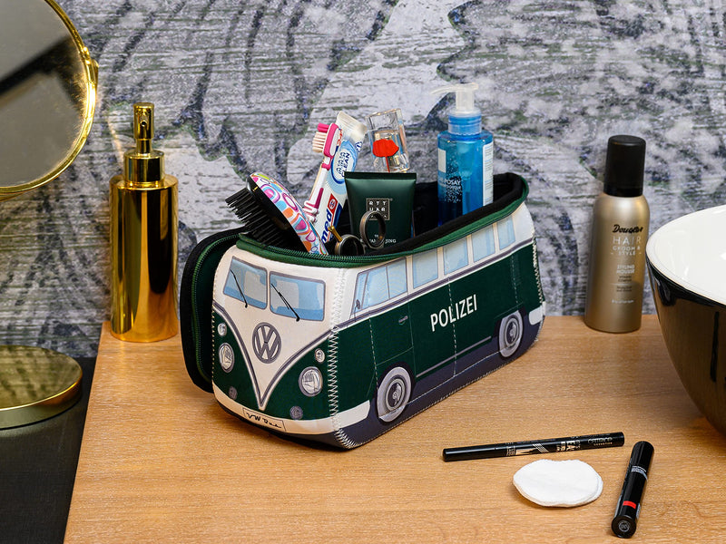 BRISA VW Collection - T1 Bus Camper Toiletry Bag Cosmetic Case | Volkswagen Toiletry Bag Cosmetic Case, Water-Repellent, Hanging Hook, 4 Mesh Pockets, Travel, Neoprene, Police/Green Large Large (11.8 X 5.5 X 4.7 Inches)