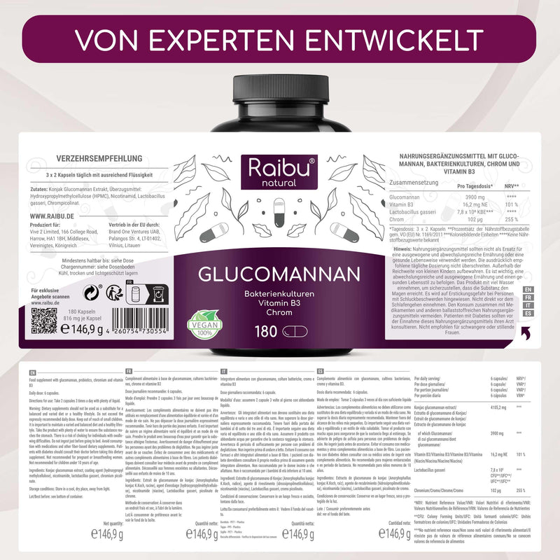 [Australia] - Glucomannan from konjac root - 4100mg per daily dose, 180 capsules, optimized with bacterial cultures, chromium and vitamin B3 - 95% glucomannan, high viscosity - Raibu, produced in Germany 