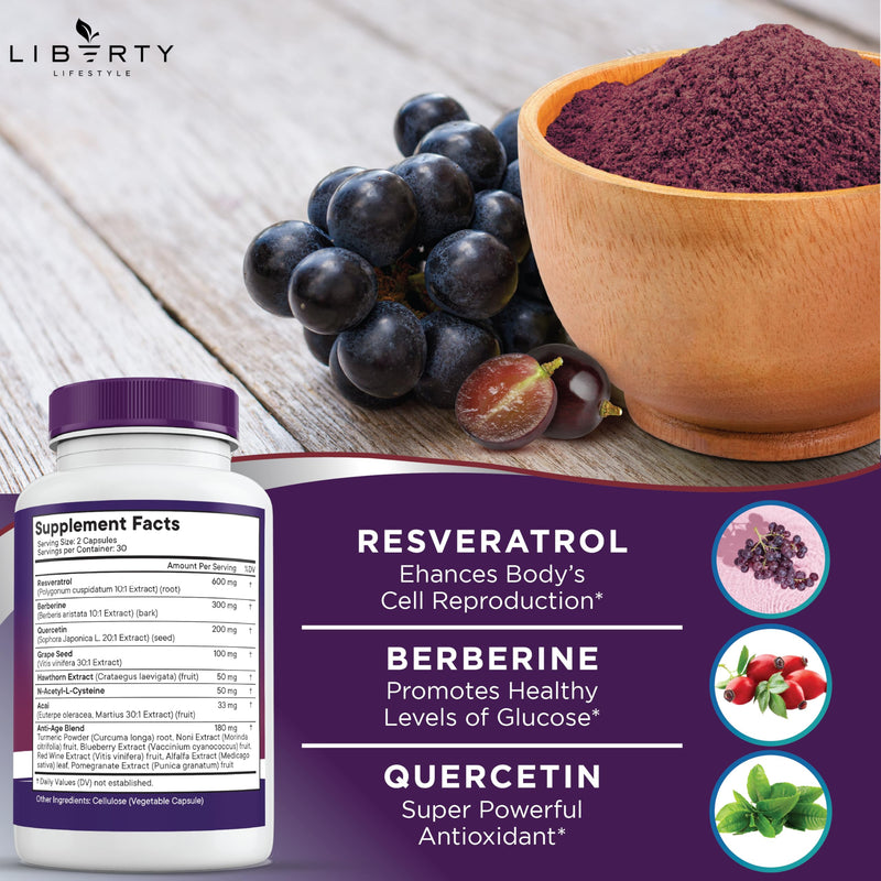 [Australia] - Resveratrol, Berberine, Grape Seed Extract, Quercetin, Polyphenol Supplement for Women and Men with Noni Extract, N-Acetyl Cysteine, Acai Extract - 2-Pack 60 Count (Pack of 2) 
