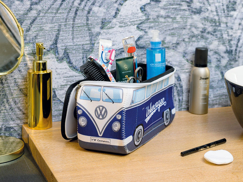 BRISA VW Collection - T1 Bus Camper Toiletry Bag Cosmetic Case | Volkswagen Toiletry Bag Cosmetic Case, Water-Repellent, Hanging Hook, 4 Mesh Pockets for Travel, Neoprene, Blue Large Large (11.8 X 5.5 X 4.7 Inches)