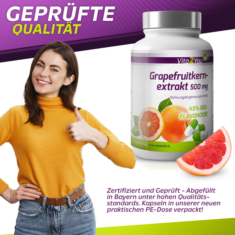 [Australia] - Vita2You grapefruit seed extract 500mg - 120 capsules - 45% organic flavonoids - equivalent to 225mg per capsule - high dosage - premium quality 