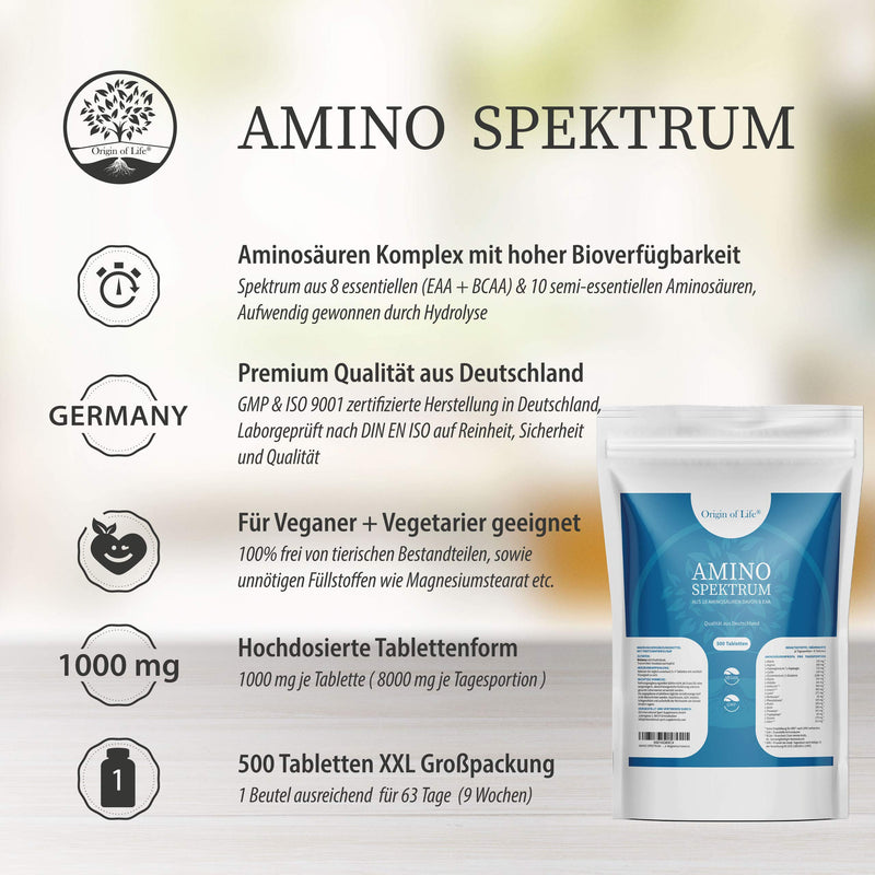 [Australia] - Origin of Life Amino Spectrum - 500 tablets of 1000 mg each - high dose & vegan - big pack - 18 amino acids including 8 EAA's & BCAA - laboratory tested - without magnesium stearate 