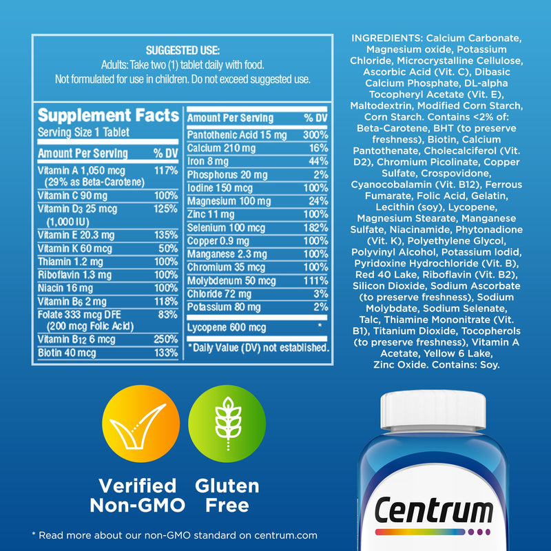 Centrum Multivitamin for Men, Multivitamin/Multimineral Supplement with Vitamin D3, B Vitamins and Antioxidants, Gluten Free, Non-GMO Ingredients -Tablet 200 Count | Contains Vitamin D3, B Vitamins and Antioxidants, Gluten Free, Non-GMO Ingredients, GL...