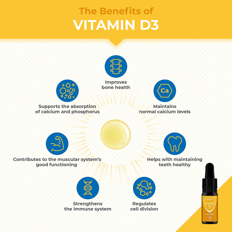 Vitamins D3 K2 MK7 Oil Form Supplement - Natural, 100% Purity, with Olive Oil - Fortifies The Immune System, Bones, Muscles and Teeth - 10ml Dropper Bottle