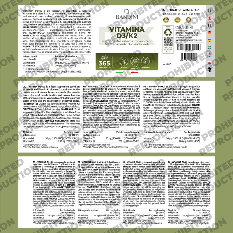 Bandini® Vitamin D3 K2 | 365 Easy-to-Swallow Tablets 1 Year Supply | 2000 IU Vitamin D3 & 200 mcg Vitamin K2VITAL® MK‑7 99% All Trans | Bones, Teeth, Muscles, Joints & Immune System | High Strength