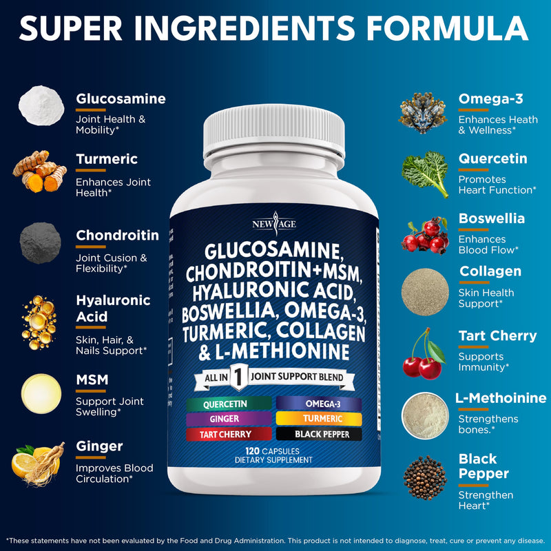 Glucosamine Chondroitin, MSM, Turmeric Curcumin, Collagen, Hyaluronic Acid, Omega 3 – Joint Health Supplement for Men & Women – 120 Count 120 Count (Pack of 1)
