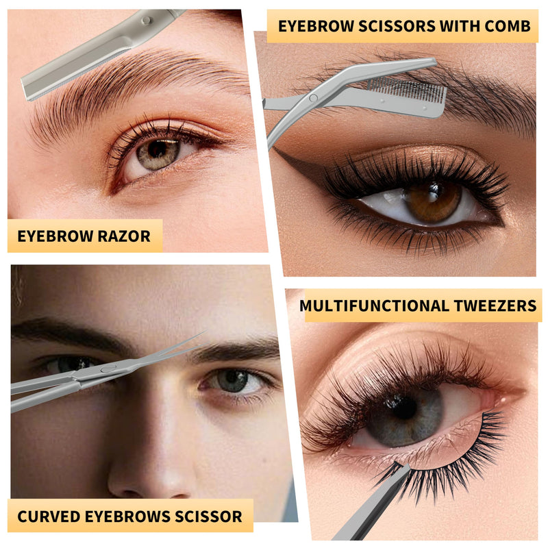 [Australia] - Tweezers for Women Facial Hair, 4 in 1 Eyebrow Kit with Tweezers, Eyebrow Trimmer Scissors, Razor, Style Leather Travel Case, Hair Plucking Daily Beauty Tools 