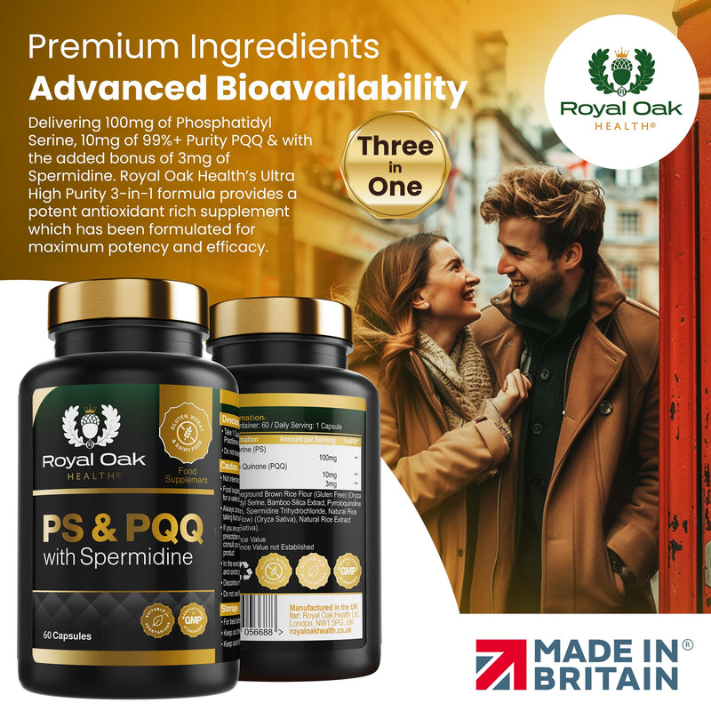 Phosphatidylserine 100mg, PQQ 10mg & Spermidine 3-in-1 Vegan Supplement - 60 Capsules, 2 Month Supply - UK Made, Non-GMO