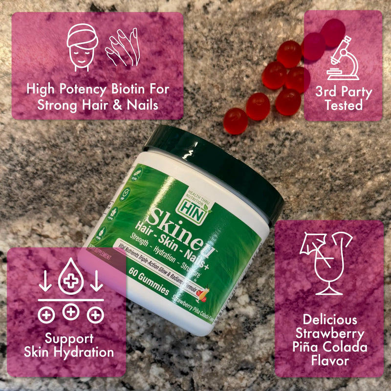 Health Thru Nutrition Skineu Hair, Skin & Nails+ Gummies | Biotin 5000mcg, Hyaluronic Acid, Retinyl Palmitate | Beauty Support - Strength & Hydration | Strawberry Piña Colada Flavor | 60 Gummies
