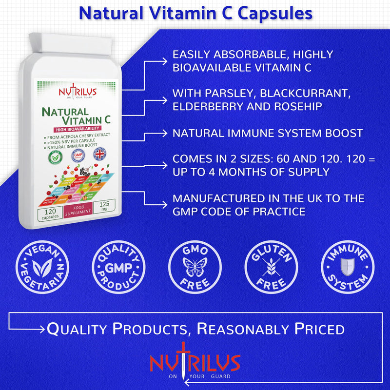 Natural Vitamin C Capsules from Acerola Cherry 500mg Extract - High Bioavailability Supplement - not Ascorbic Acid - Fruit and Herbs Extracts - not Tablets (120 Capsules) 120 count (Pack of 1)