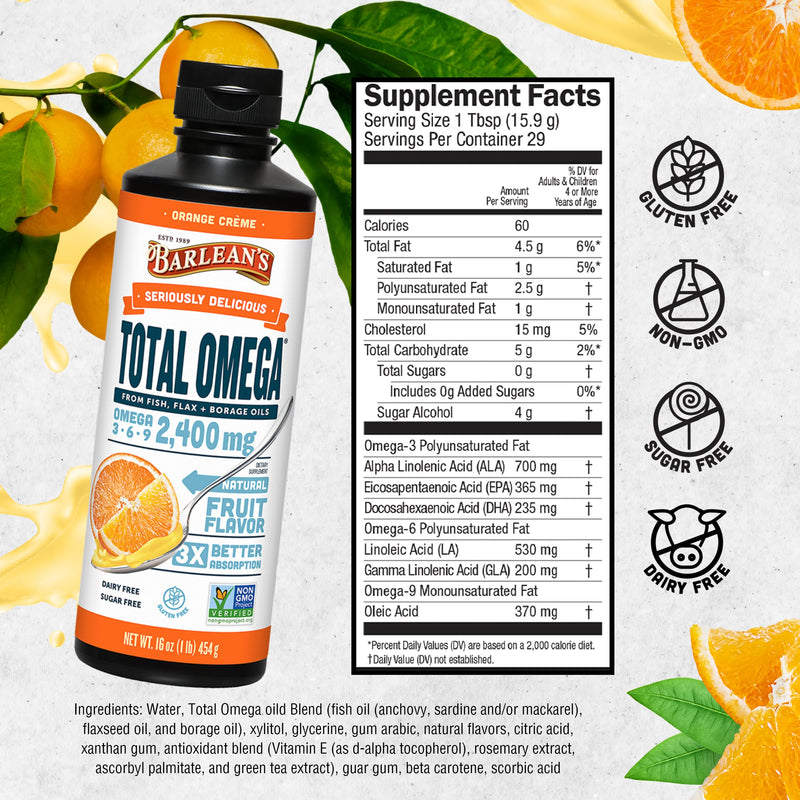 [Australia] - Barlean's Total Omega 3 Fish Oil Liquid Supplement, Orange Crème Flavored with Borage Oil and Flaxseed Oil, 2,400 mg of Omegas 3 6 9 EPA and DHA Plus GLA, 16 oz 16 Ounce (Pack of 1) 
