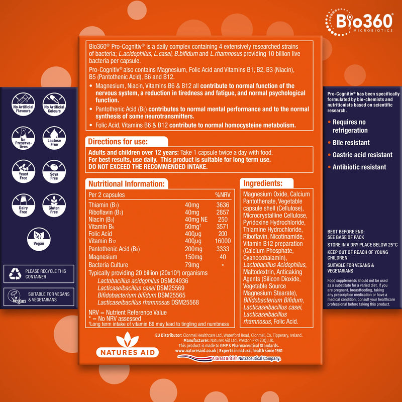 Natures Aid Bio360 Pro-Cognitiv Probiotic 10 Billion Live Bacteria CFU - Supports Brain Health and Mental Performance - High Strength - Vegan, Gluten Free, Non-GMO - 60 Capsules Pro-Cognitiv 60 Capsules