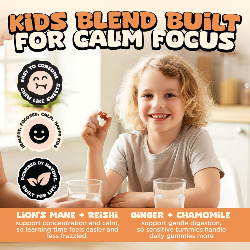 Mushroom Gummies for Kids | Multi Functional Blend with Lion’s Mane & Cordyceps | Focus, Calm & Immune Balance Support | Vegan & Sugar Free | 60 Pack (Mango and Orange) Mango and Orange