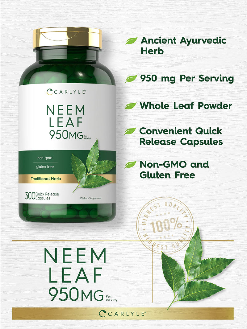 Carlyle Neem Leaf | 950mg | 300 Powder Capsules | Non-GMO and Gluten Free Formula | Value Size | Traditional Herbal Supplement | Azadirachta Indica 300 Count (Pack of 1)