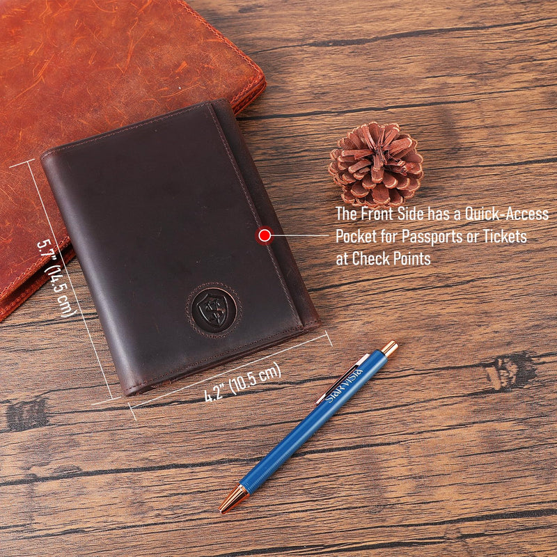 STAR VISTA Domenico Full Grain Leather Pilot Passport Wallet, Trifold Travel Document Organizer with RFID Blocking, Transparent Doc & Dual ID Windows, AirTag Slot, Pen & Travel Notebook Dark Chocolate Cowhide AirTag