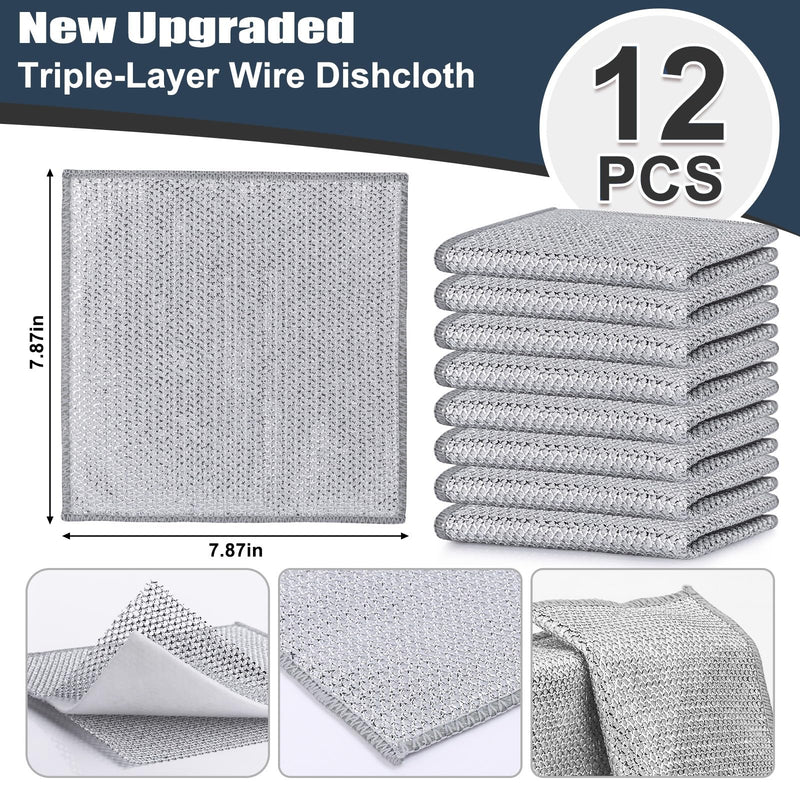 Navona 12 Pcs New Upgrade Steel Wire Dishcloth,Triple-Layer Steel Wire Cleaning Cloth,Powerful Cleaning Non-Scratch Wire Dishcloth Rag for Cookware, Sinks, Dishes, Stove Tops 12pcs[triple-layer]