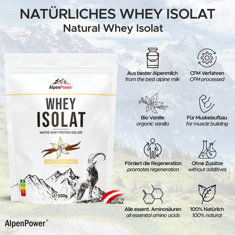 [Australia] - AlpenPower Whey Isolate Protein Powder Vanilla 1kg - 100% natural ingredients, no sweeteners - grass fed - High-quality protein powder made from the best Alpine milk 1 kg 