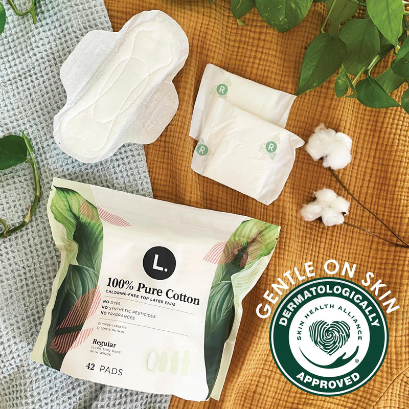 [Australia] - L. Pure Cotton Topsheet Pads for Women, Regular Absorbency, Ultra Thin Pads with Wings, Unscented menstrual pads, 56 Count (Packaging May Vary) 