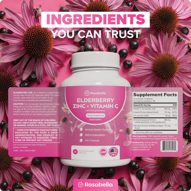Rosabella Elderberry, Zinc & Vitamin D3 Capsules – Elderberry Supplement with Echinacea, Vitamin C & Zinc, Immune Support Supplement for Daily Wellness, Vegan Capsules – 90 Count (Pack of 1) 90 Count (Pack of 1)