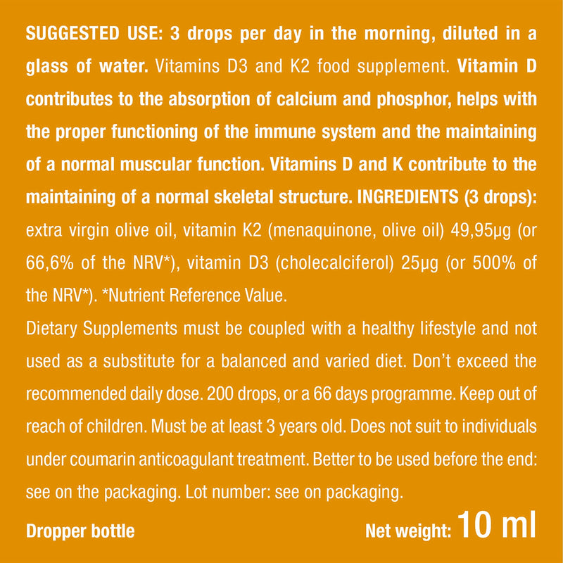 Vitamins D3 K2 MK7 Oil Form Supplement - Natural, 100% Purity, with Olive Oil - Fortifies The Immune System, Bones, Muscles and Teeth - 10ml Dropper Bottle