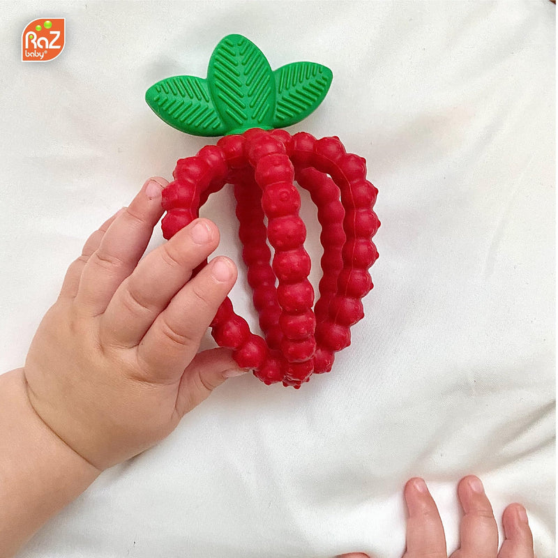 [Australia] - RaZbaby Silicone Infant & Baby Teething Toy, Textured BerryBumps Soothe Babies’ Sore Gums, RaZberry Bites Relief Teether, Back & Front Teeth, BPA Free, Easy to Hold, Fruit Shape for Babies 3M+ - Red 