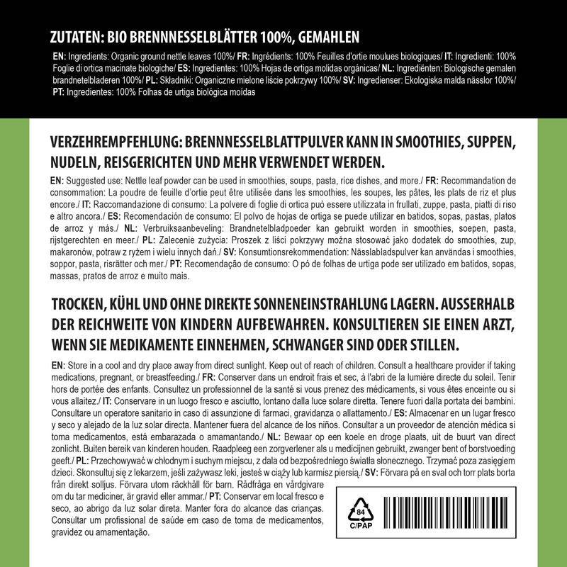 Alpi Nature Organic Nettle Leaf Powder 500g 1.1 lb, Dried and Ground Nettle Leaves, Urtica dioica 500 g (Pack of 1)