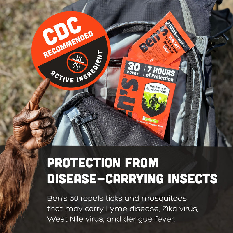 [Australia] - Ben's Tick & Insect Repellent Wipes - 30% DEET for Mosquitoes, Ticks & More - Up to 7 Hours of Protection - Alcohol- & Fragrance-Free - 12 Wipes (4 Pack) 