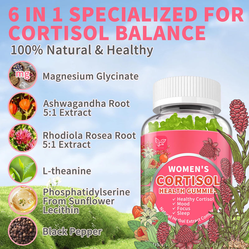Cortisol Gummies for Women,Cortisol Manager with Ashwagandha,Magnesium,L-theanine,Phosphatidylserine,Rhodiola Rosea,Black Pepper for Mood Support,Adrenal Balance,Sleep,Vegan,Apple Flavor,180 Count 60 Count (Pack of 3)