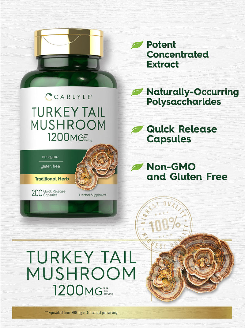 [Australia] - Carlyle Turkey Tail Mushroom Capsules | 1200mg | 200 Count | Non-GMO & Gluten Free Extract 
