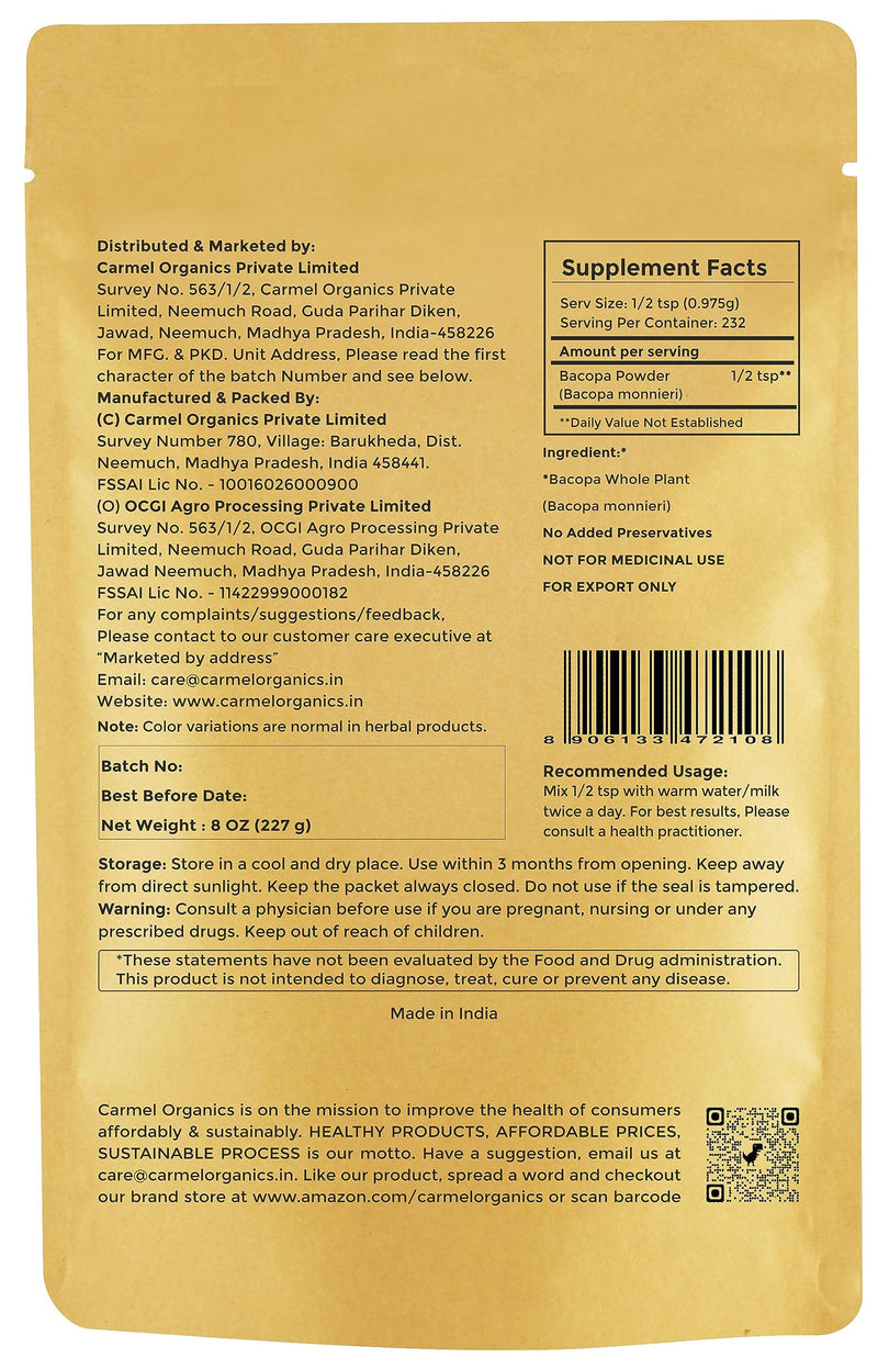 [Australia] - CARMEL ORGANICS Bacopa Monnieri/Brahmi Powder | 8 Ounce or 0.5 Lb/ 227 Grams(Pack of 1) | Natural and Pure Bacopa Powder Non-GMO | No Added Preservative 8 Ounce (Pack of 1) 