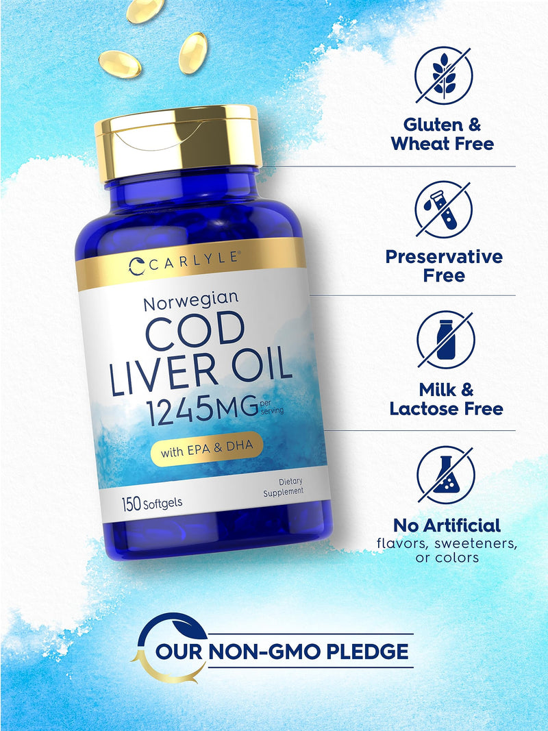 [Australia] - Carlyle Norwegian Cod Liver Oil | with EPA & DHA | 1245mg | 150 Softgels | Liquid Capsules | Non-GMO & Gluten Free Supplement 