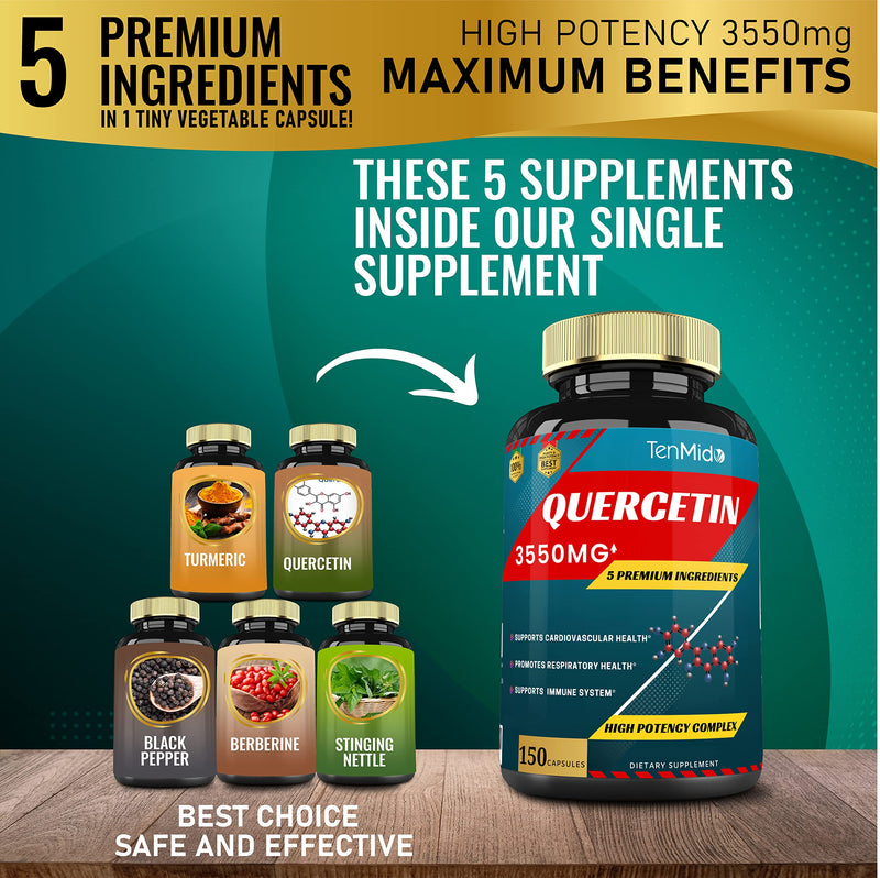 [Australia] - Quercetin Supplements Capsules 3550mg, 5 Months Supply, 150 Caps - Supports Immune System & Cardiovascular, Respiratory Health, Antioxidants with Berberine, Stinging Nettle, Turmeric, Black Pepper 