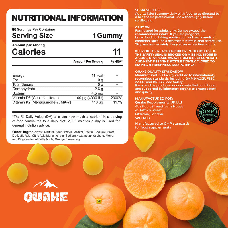 Quake Vitamin D3 + K2 Gummies 4000 IU (100µg) D3 & MK-7 - High Strength Vegan Vitamin D Gummies for Immune Support, Bones & Daily Health - Orange Flavour - 60 Gummies (60 Day Supply)
