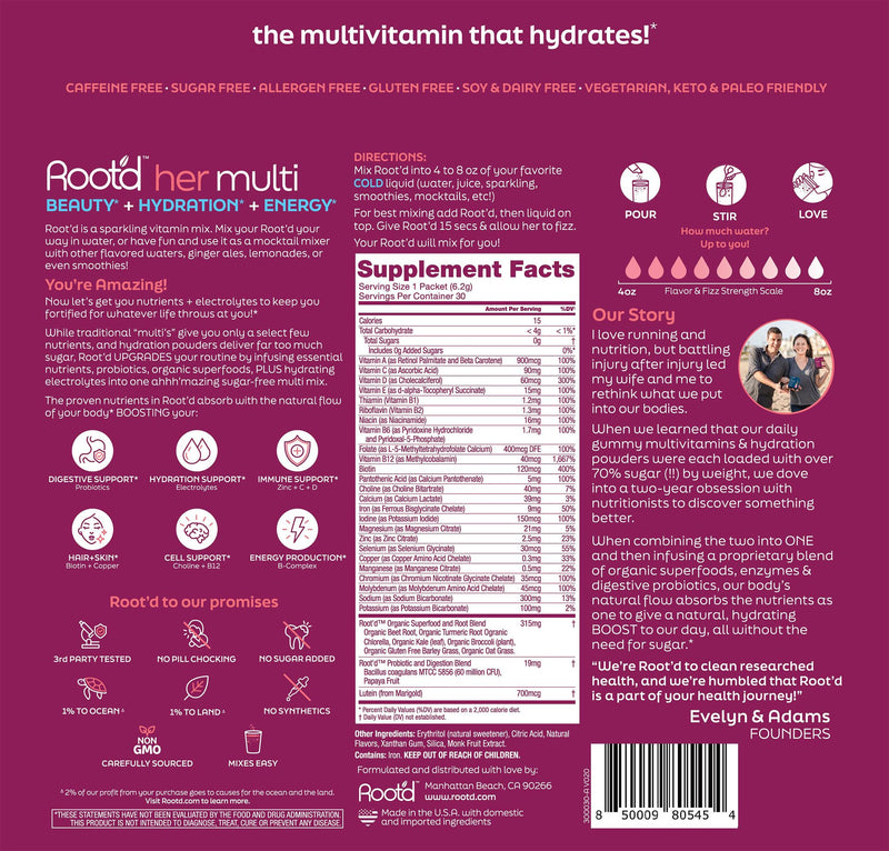 Root'd Multivitamin Powder for Women - 25 Vitamins & Minerals with 3X Electrolytes, 9 Organic Superfoods, Probiotics & Enzymes, Sugar-Free Multivitamin & Hydration | 30 Vitamin Drink Mix Packets 0.22 Ounce (Pack of 30) Her (Raspberry Acai)