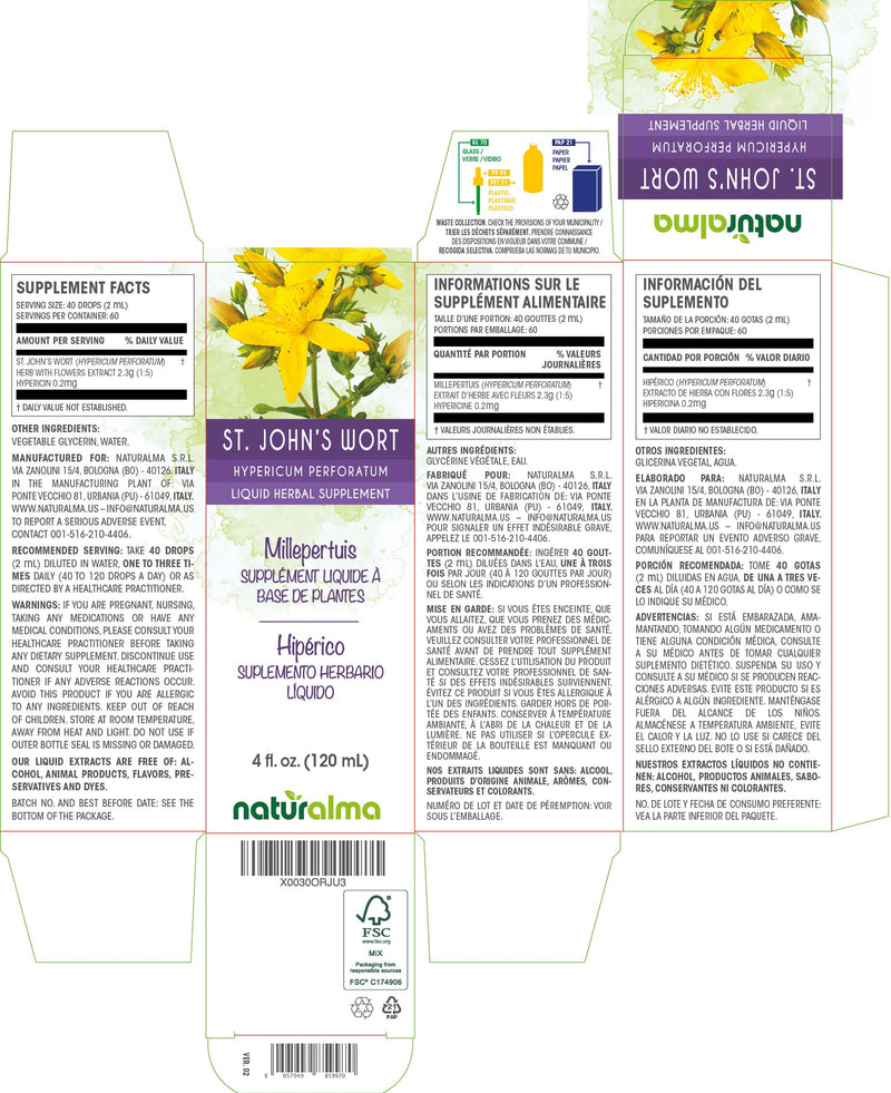 [Australia] - Naturalma St. John's wort (Hypericum perforatum) herb with flowers Alcohol-free Tincture - 4 fl oz Liquid extract in drops - Herbal supplement - Vegan 