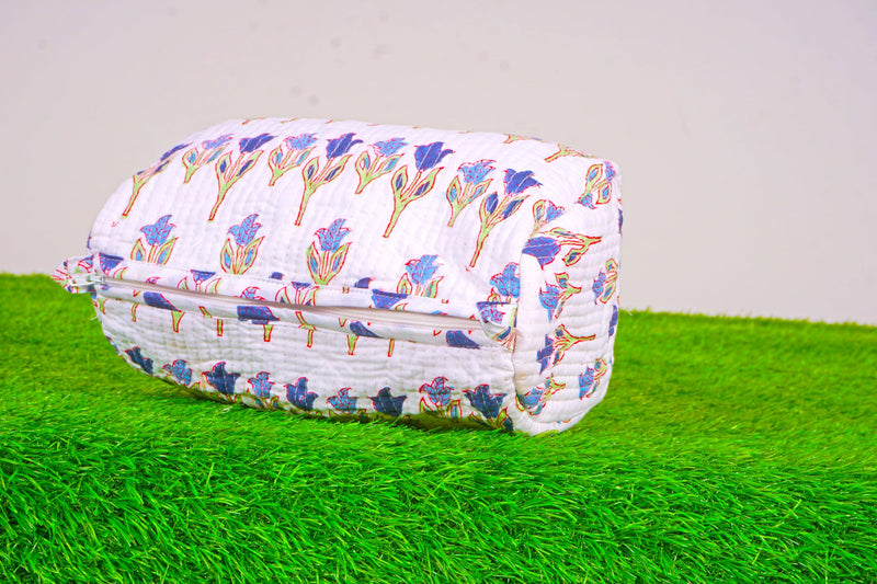 Generic Set of 3 Pieces Indian Handmade Cotton Quilted Handmade Floral Hand Block Print Toiletry Bag,Cosmetic Pouch Bag Makeup Bag For Women (Cotton, White A), 44999