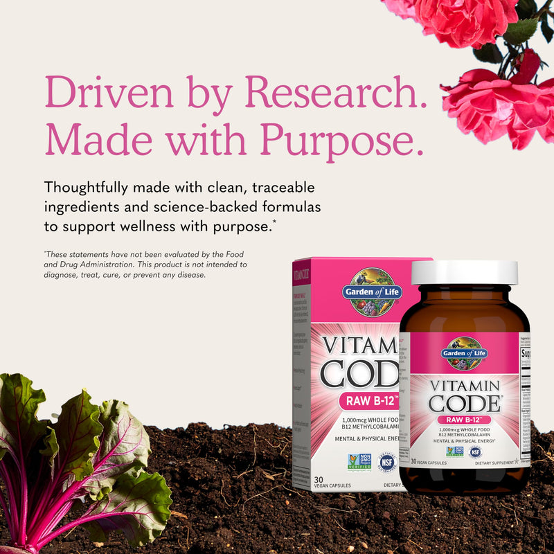 Garden of Life Vitamin Code Raw B-12 - 30 Capsules, 1,000mcg Whole Food B12 Methylcobalamin for Energy, Vegan Methylcobalamin Vitamin plus Probiotics and Enzymes, Gluten Free Supplements 30 Count (Pack of 1)