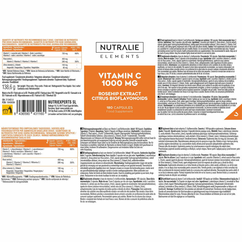 Vitamin C 1000 mg with Rosehip + Ascorbic Acid + Bioflavonoids - 180 Capsules Nutralie