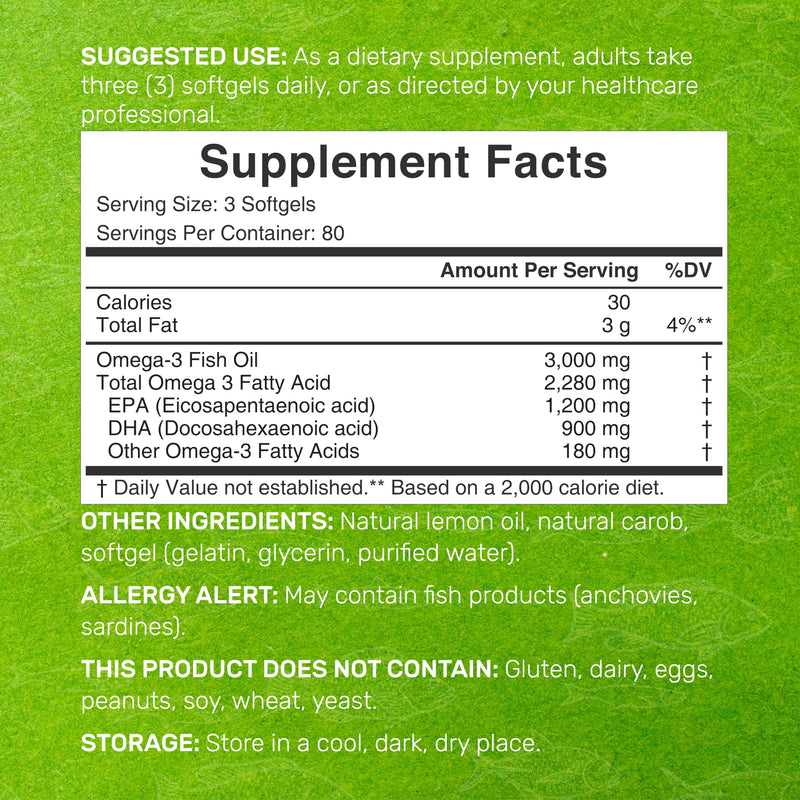 [Australia] - DEAL SUPPLEMENT Omega 3 Fish Oil Supplements, 3,000mg Per Serving, 240 Softgels – EPA 1,200mg + DHA 900mg – Burpless Pills, Lemon Flavored, Wild Caught – Brain & Heart Support – Mercury Free, Non-GMO 