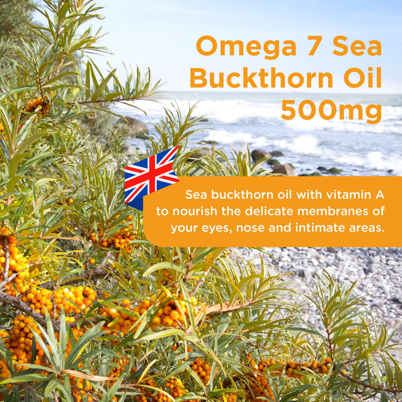 Healthspan Omega 7 Sea Buckthorn Oil 500mg | Women’s Health | High Levels of Omega 7 | Rich in Omega 9 Fatty Acids | Vitamin A | Carotenoids & Tocopherols | Vegan (60 Capsules)