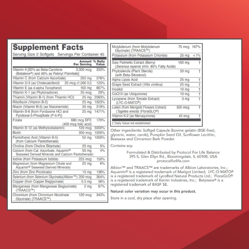 PROTOCOL FOR LIFE BALANCE Ortho Multi for Men, Multivitamin, 90 Softgels | Multivitamin for Prostate Health*, with Saw Palmetto, Zinc, and CoQ10, Men Daily Multivitamin and Iron Free