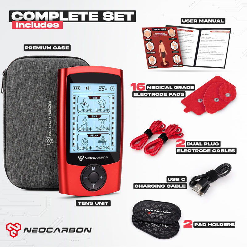 NEOCARBON TENS Unit Muscle Stimulator, Pulse Massager Machine, Red | All in One Kit, Pain Relief at Home, TENS & PMS Muscle Stimulator, Pulse Massager for Nerve & Muscle Pain Relief