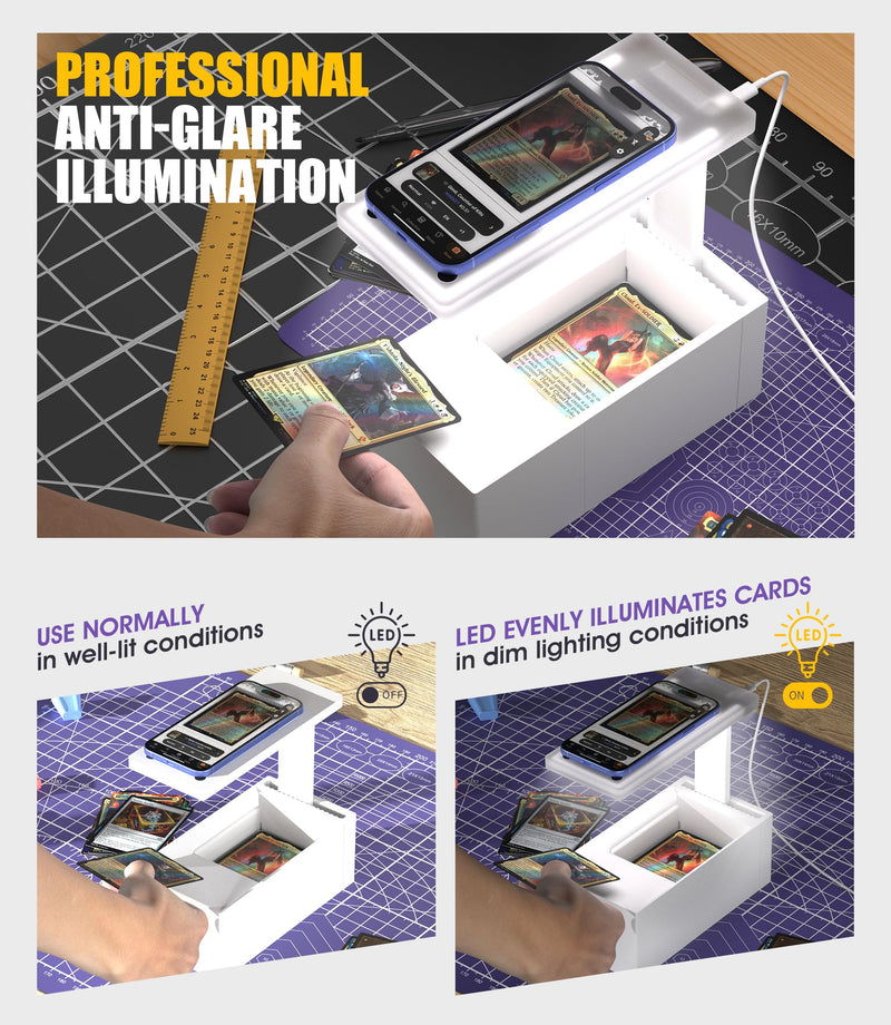 [Australia] - LED Illuminated MTG Card Scanner Stand for ManaBox - 6000K Anti-Glare Lighting, Sloped Drawer, Phone Stand MTG Accessories, Only Available for ManaBox, Only fit for un-Sleeved Cards Only un-sleeved cards 